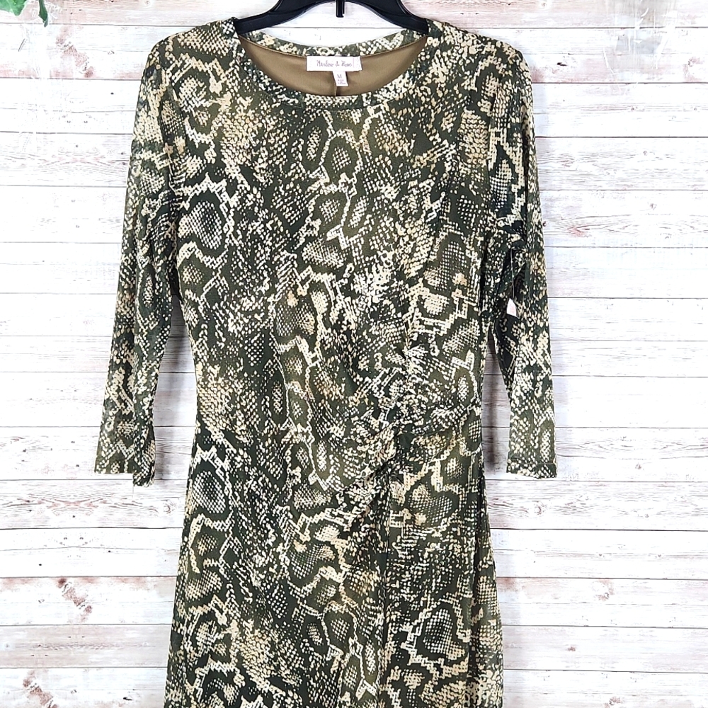 Harlow & Rose, khaki grn and creme, reptile pattern dress, Size M. - Picture 2 of 9